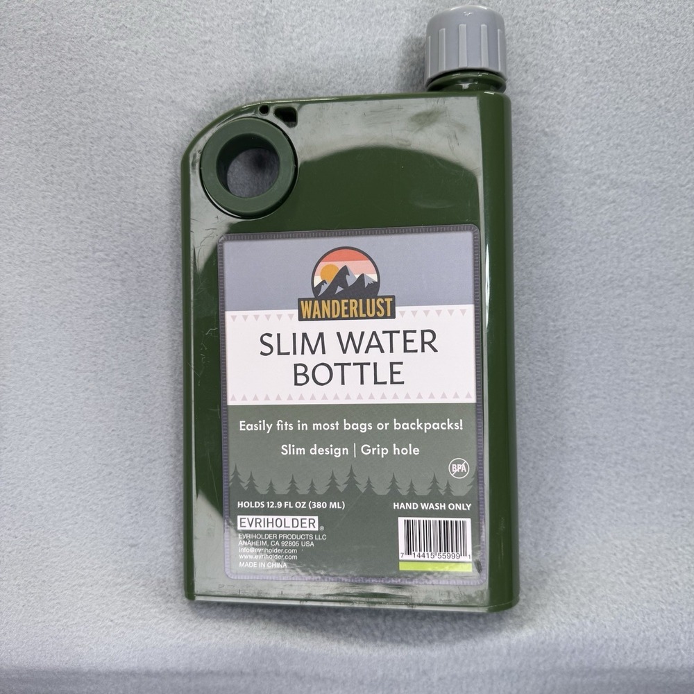 Slim Water Bottle Wanderlust.  Perfect For Travel Or Hiking. Backpacking, Bike